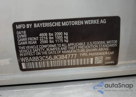 2018 BMW 340I из США, поврежденный, VIN WBA8B3C56JK384777